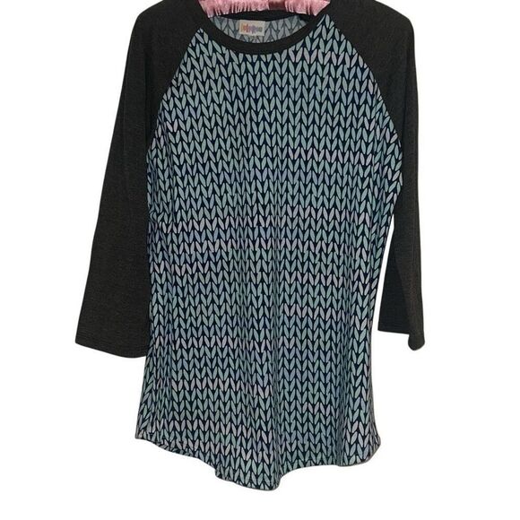 Lularoe Blue Gray 3/4 Raglan Sleeve Printed Randy Tee Ladies Medium - Picture 1 of 7